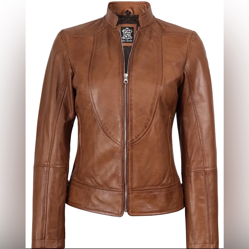 Amy Womens Cafe Racer Tan Brown Real Leather Jacket size Small